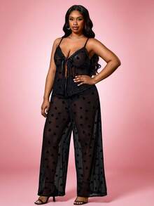 Truni Valentine Plus Size Women's Sexy Heart Mesh Pattern Camisole And Wide Leg Pants 2 Pieces Set, Suitable For Dates And Parties, For Pear Triangle Body Shape - Black - View 5