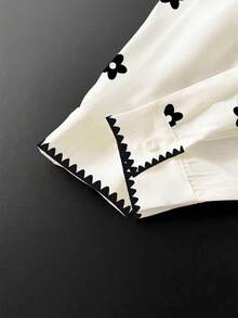 Resyla Áo sơ mi nữ dài tay in hoa, cổ bẻ, cài một hàng khuy, kiểu dáng thường ngày, đa năng, phù hợp đi làm. - trắng - Xem 3