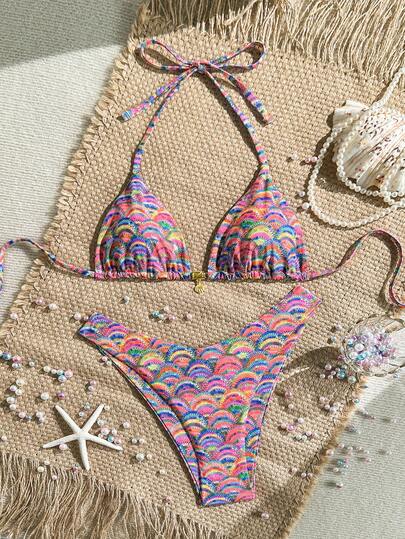 Swim Mod Summer 2 Pieces Vacation Spaghetti Strap Random Print And High Cut Bikini Swimwear Set