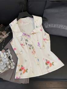 GlowEve Women's Floral Print Sleeveless Button-Up Shirt, Summer - Beige - View 1