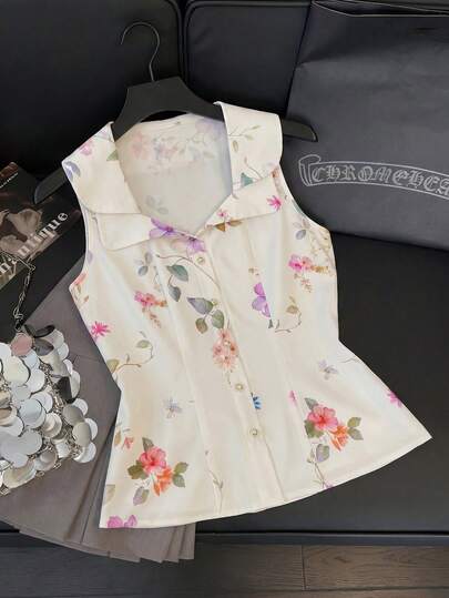 GlowEve Women's Floral Print Sleeveless Button-Up Shirt, Summer