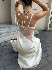 Cévolie Đầm slip nữ màu trắng phối ren, kiểu patchwork. - trắng - Xem 1