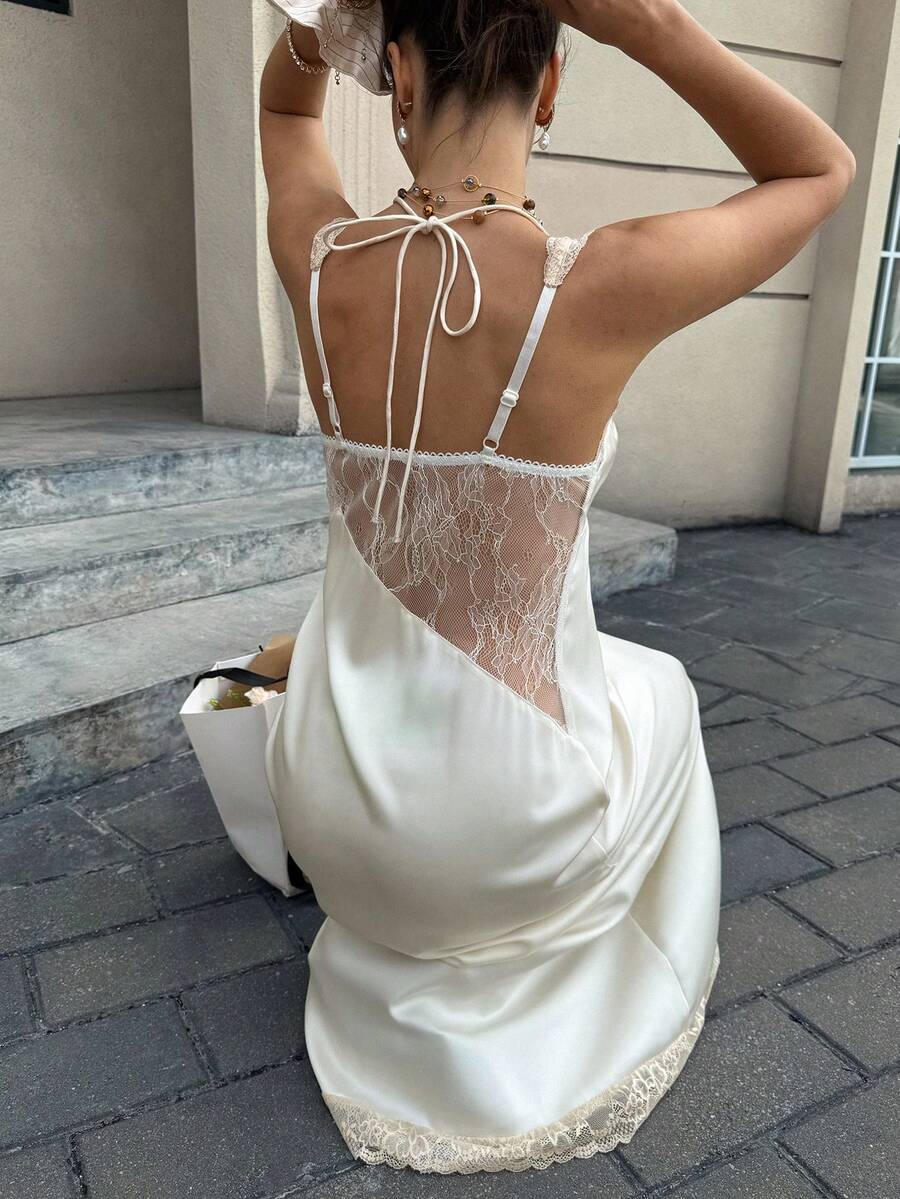 Cévolie Đầm slip nữ màu trắng phối ren, kiểu patchwork. - trắng - Xem 1