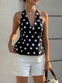 Cévolie Women's Polka Dot Print Plunging Neck Sexy Fashion Halter Top - Black and White - View 4