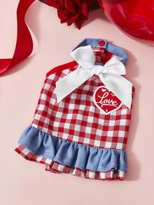PETSIN Red & White Gingham Pet Dress With 'Heart Patch - Bow Collar & Ruffled Hem Dog Outfit, Cute Casual Summer Dress For Small Dogs & Cats - pink and blue - View 1