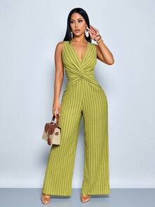 SOLERSUN Women's Spring/Summer Elegant Vacation Style Daily Wear Holiday Hawaii Casual Twist Knotted Deep V-Neck Striped Sleeveless Jumpsuit - Green - View 3