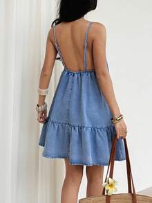 Sunnyshic 女士休闲露背牛仔吊带裙，适合度假和外出穿着 - 藍色 - 查看 2