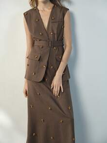 Maija 女士V领贴花腰带V领时尚无袖薄款西装外套 - 棕色 - 查看 5