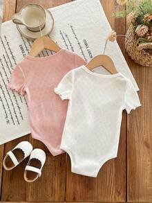 SHEIN 2pcs Baby Girl Cartoon Strawberry Pattern Soft Knit Romper Set - Multicolor - View 2