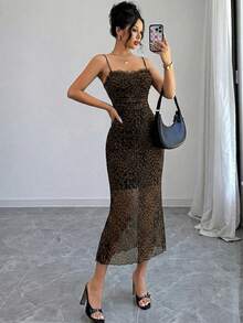 Firerie 女士豹纹蕾丝拼布中长修身连衣裙，弹力面料，露背，浪漫性感连衣裙，适合日常、工作、度假、派对、约会 - 棕色 - 查看 3