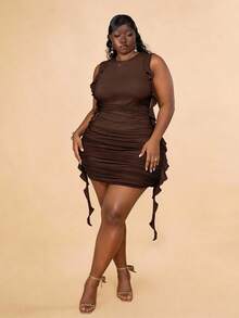 CurvyTilda 大码女式优雅度假音乐节百搭扎染亮色荷叶边修身迷你连衣裙/海滩度假/夏装/母亲节/妈妈/母亲/妈妈/母亲节/妈妈/妈妈/母亲节礼物，女士生日礼服 - 咖啡棕 - 查看 4