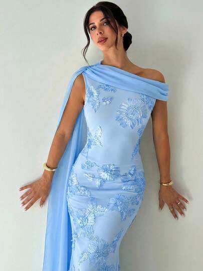 Firerie Women's Elegant, Exquisite, Romantic, Dignified Ball Party Date One Shoulder Extra Long Shawl Embroidered Mesh Bodycon Mermaid Yellow Dress