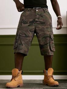 GALLERY FADE Men's Casual Street Style Multi-Pocket Crochet Camouflage Denim Shorts