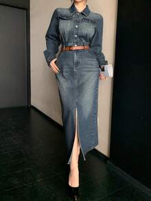 DAZY Women's Vintage Washed Denim Midi Dress With Large Pockets, Slim Fit, High Slit, Casual Business Office Wear, Spring/Summer/Autumn - Dark Wash - View 2