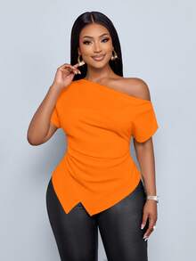 SOLERSUN Women's Elegant Asymmetric Neckline Ruched Asymmetric Hem T-Shirt - Orange - View 6