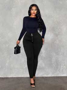 Slaydiva Quần skinny giả da màu đen cạp cao cỡ lớn, phù hợp cho mùa xuân, hè, thu và đông - Màu đen - màu đen - Xem 10