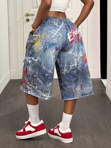 Slaydiva 女士字母印花高腰工装口袋休闲牛仔百慕大短裤 - 軍綠色 - 查看 3