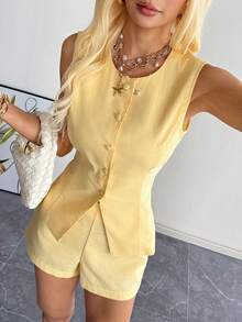 SHEIN EZwear Summer Outfits  Yellow Woven Casual Women's Vest And Shorts Set - Yellow - View 5