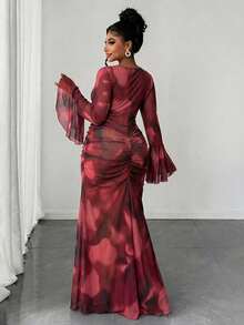 Maweii 大码女士性感半透明超长数码开衩褶裥斜肩长袖连衣裙，春/秋/冬 - 彩色 - 查看 2