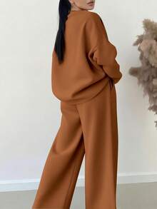 EMERY ROSE 女士纯色圆领长袖上衣和阔腿裤休闲两件套 - 鏽棕色 - 查看 2