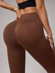 Dewbera Quần legging yoga cạp cao không đường may dành cho nữ, chất liệu da màu nude, không đường may, ôm sát cơ thể, thích hợp cho chạy bộ, tập thể dục, tập luyện, màu nâu. - màu nâu - Xem 4