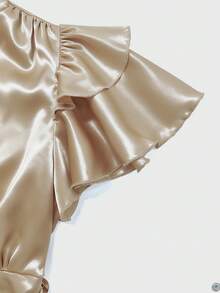 GlowEve New Shirred Double-Layer Ruffle Sleeve Woven Shiny Color Pleated Back Design Elegant Young Commuter Versatile Daily Women Shirt - Khaki - View 7