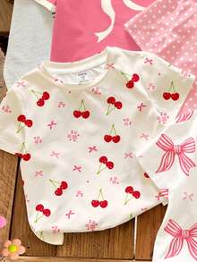 SHEIN LMoss Kids Bộ 4 áo thun ngắn tay cổ tròn màu hồng nhạt dễ thương cho bé gái, họa tiết nơ anh đào và hoa, kiểu dáng tối giản, mềm mại và thoải mái, thích hợp mặc hàng ngày vào mùa xuân/hè. - Nhiều màu - Xem 5