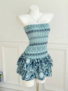 Elamini 佩斯利印花无肩带迷你连衣裙，休闲度假风 - 薄荷藍 - 查看 3