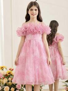SHEIN Tween Girl Elegant Off-Shoulder Floral Print Ruffle Hem Mid-Length Dress - Pink - View 4