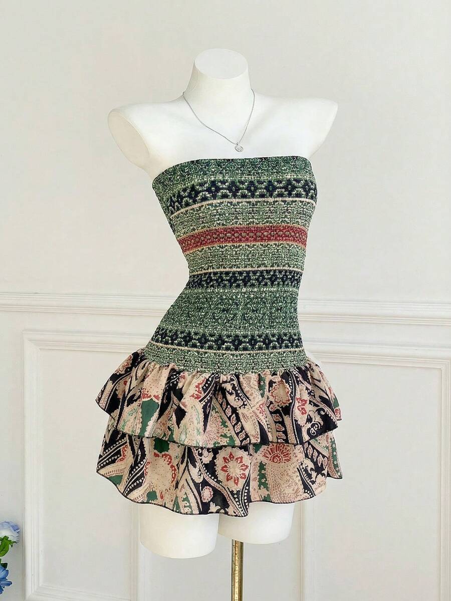 Elamini Đầm ngắn cúp ngực họa tiết Paisley, thích hợp cho kỳ nghỉ thường ngày. - Nhiều màu - Xem 1