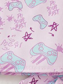 Young Girl' Pink Stylish Splatter Paint Game Console Print Short Sleeve & Pants 2 Pieces Snug Fit Loungewear Set - Multicolor - View 4