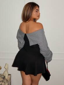 Maria Perezxox 女式秋冬学院风简约巴多褶饰腰部撞色迷你连衣裙，凸显身材 - 黑色 - 查看 2