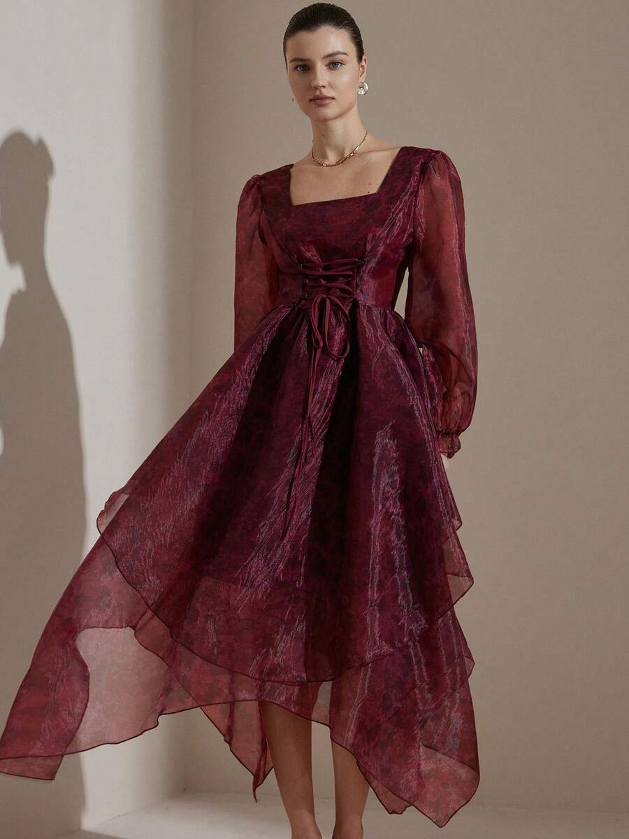 Aveloria Modichic Irregular Hem Drawstring Design Ruffle Patchwork Vintage Romantic Elegant Party Maxi Dress, Floral Print, Organza Fabric, Long Sleeve, Women - Multicolor - View 1