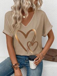 EMERY ROSE Women's V-Neck Ruffle Sleeve Front Double Heart Print T-Shirt Date Beige Summer Casual - Khaki - View 5