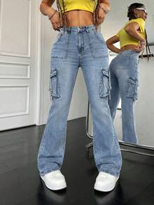SHEIN ICON Quần jeans ống loe ôm sát, co giãn, cỡ lớn, màu xanh dương, gợi cảm. - Rửa nhẹ - Xem 7