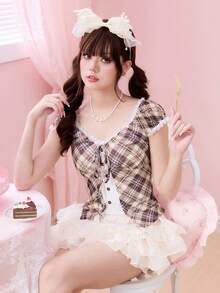 ROMWE Kawaii 可爱甜美格子网纱撞色蕾丝女式上衣 - 彩色 - 查看 1