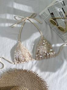 Swim SXY 亮片纹理挂脖三角罩杯比基尼上衣，性感女士泳装套装，适合春夏度假 - 杏色 - 查看 3