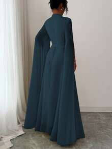 Elenzga 女士优雅法式浪漫度假风沙滩连衣裙，雪纺薄纱面料，镂空领，后背交叉系带，喇叭形长裙，长袖，开衩袖口，适合下午茶、派对、中东风格等场合。 - 水鴨藍 - 查看 2