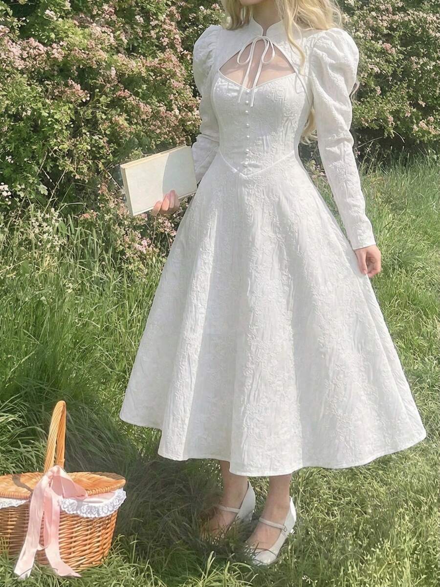 SHEIN MOD 女士复古立领蝴蝶结针织提花羊腿袖连衣裙，适合春季、情人节、约会、下午茶等场合 - 白色 - 查看 1