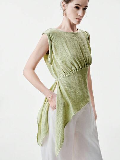Aalyst Women's Spring/Summer Casual Outfit, Suitable For New Year, Valentine's Day, Easter, Mother's Day, Middle Eastern Weddings, Elegant & Fashionable, Minimalist Workplace, Romantic Vacation, Linen Round Neck Cinched Waist Asymmetric Hem Sleeveless Blouse, Light Green