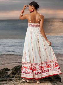 Travachic 女士夏季海滩度假螃蟹字母印花褶皱露背吊带长裙，适合狂欢节、夏季、春假、情人节、海滩、休闲度假、外出等场合穿着。 - 彩色 - 查看 2