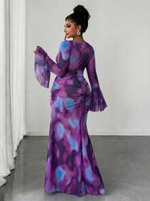 Maweii Plus Size Women's Sexy Semi-Sheer Extra Long Digital Split Ruched Oblique Shoulder Long Sleeve Dress, Spring/Autumn/Winter - Multicolor - View 2