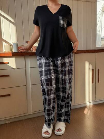 SHEIN Napfluff CURVE 大码女式格子短袖短裤睡衣套装，V领休闲款