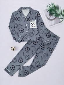 Boys' Panda Print Button-Front Long Sleeve Top And Pants Comfortable Pajama Set - Grey - View 5