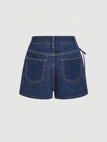 SHEIN MOD Women's Asymmetric Hem Casual Denim Skorts With Side Tie - Blue - View 2