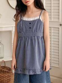 DAZY Tween Girls Woven Striped Contrast Lace Camisole Summer - Blue - View 4