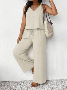 SHEIN Frenchy Conjunto de 2 piezas de top de tirantes con textura y pantalón de pierna recta en color verde para vacaciones, talla grande - Albaricoque - Ver 6