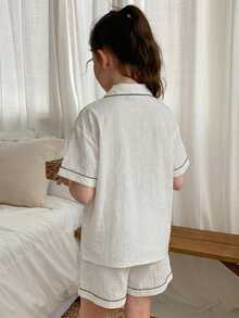 DAZY 少女撞色滚边翻领纽扣衬衫短裤睡衣套装，夏季 - 白色 - 查看 3