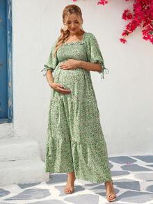 SHEIN 孕妇度假宽松碎花泡泡袖连衣裙 - 綠色 - 查看 3