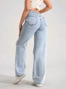 Jeanoix Plus Size Y2K Style Non-Stretch Distressed Straight Leg Jeans, Retro American Vintage Cowboy Outfits For Women, High Street Fashion Design - Light Wash - View 2